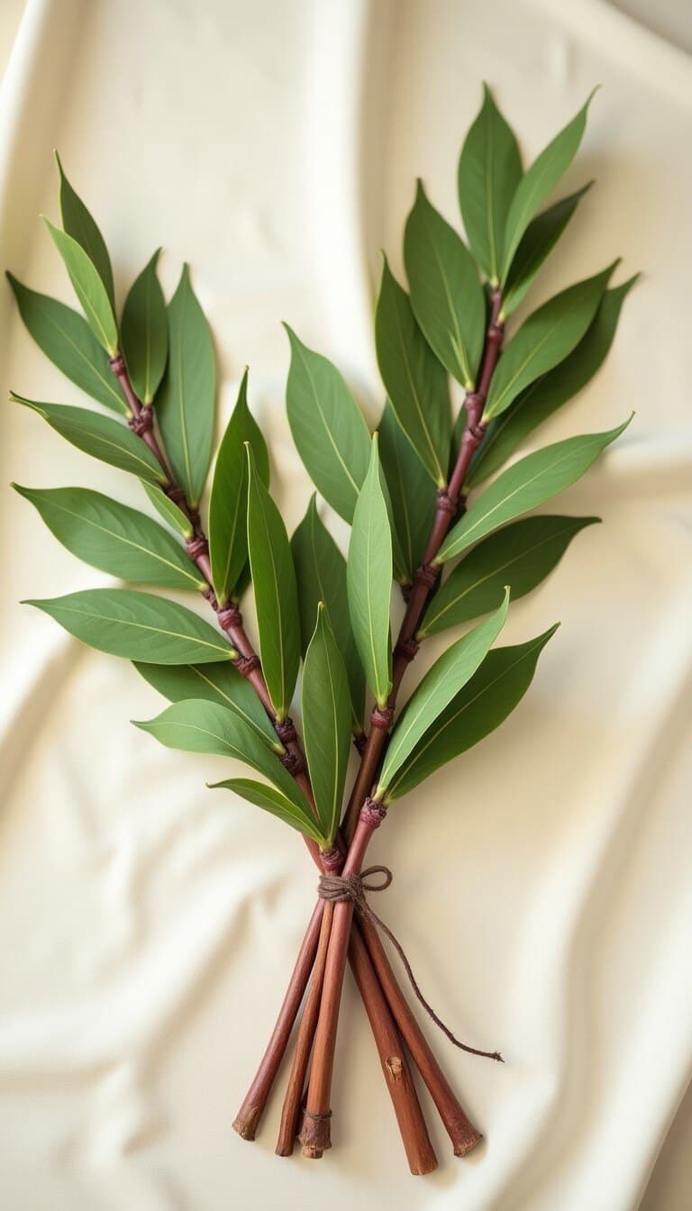 Aravos: long smooth-edged leaves on reddish stems, tied together
