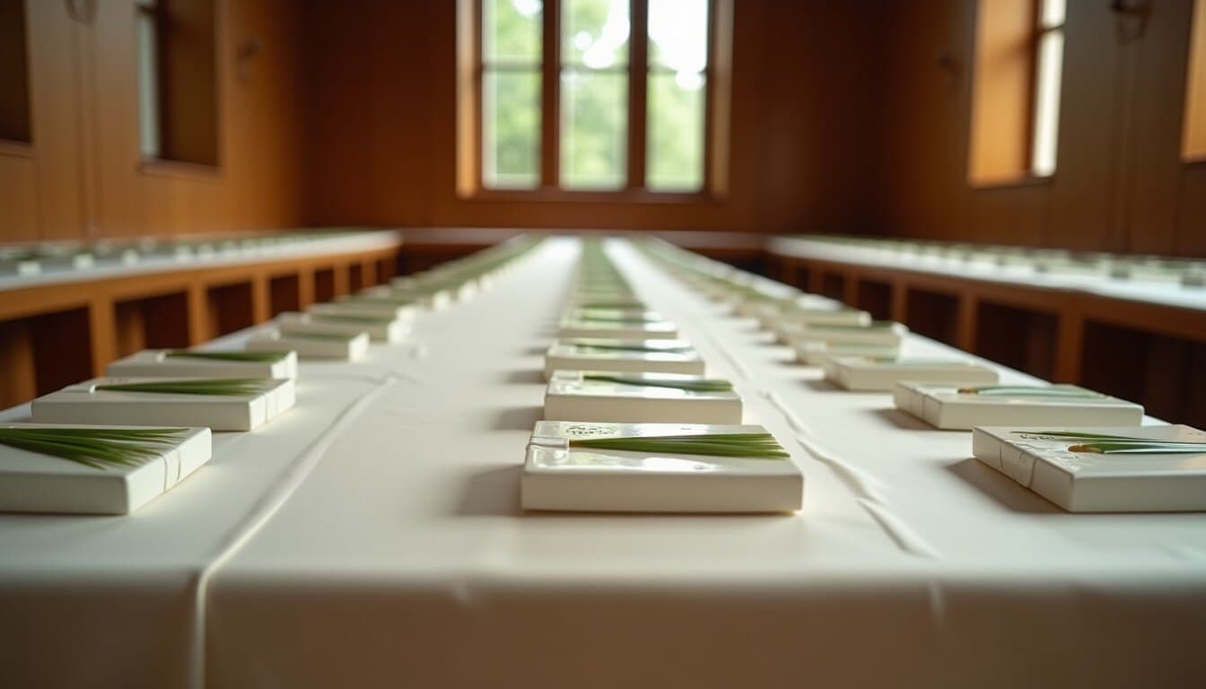 Rows of sealed esrog boxes and lulavim laid out on tables in a Beis Medrash