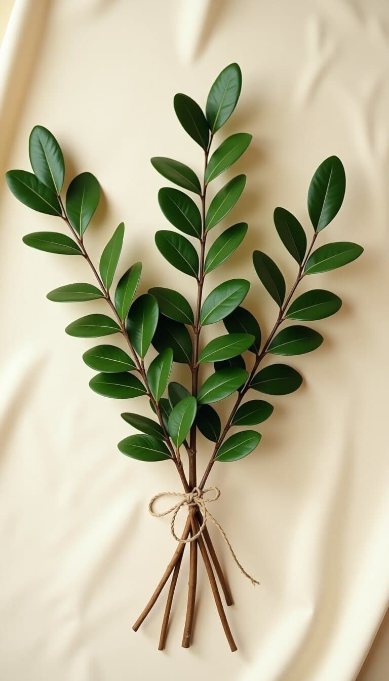 Three hadassim branches tied together, glossy leaves in threes along the stem